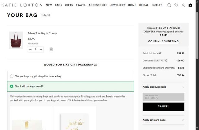 Katie Loxton checkout page showing Katie Loxton discount code box | Screenshot taken by SimplyCodes community member on Aug 30, 2025