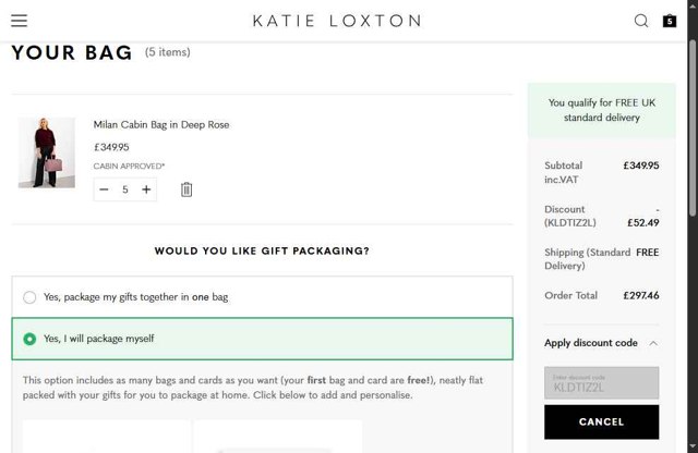 Katie Loxton checkout page showing Katie Loxton discount code box | Screenshot taken by SimplyCodes community member on Aug 30, 2025