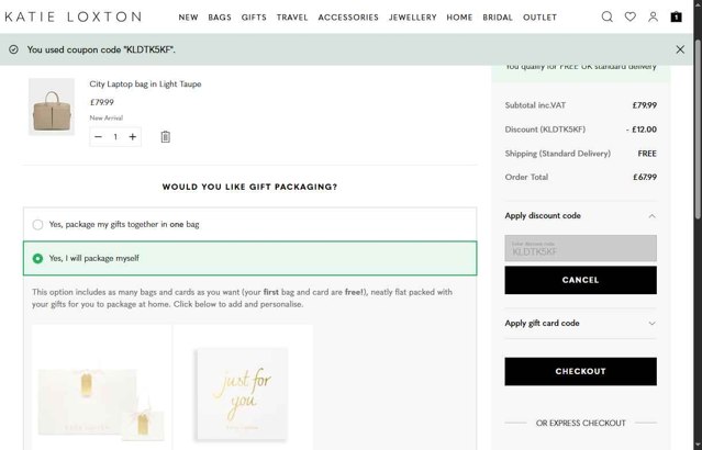 Katie Loxton checkout page showing Katie Loxton discount code box | Screenshot taken by SimplyCodes community member on Aug 30, 2025