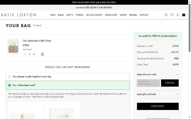 Katie Loxton checkout page showing Katie Loxton discount code box | Screenshot taken by SimplyCodes community member on Aug 30, 2025