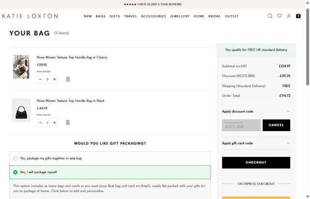 Katie Loxton checkout page showing Katie Loxton discount code box | Screenshot taken by SimplyCodes community member on Aug 30, 2025