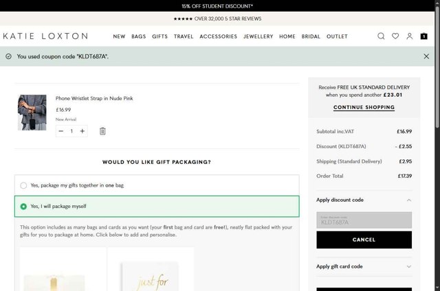 Katie Loxton checkout page showing Katie Loxton discount code box | Screenshot taken by SimplyCodes community member on Aug 30, 2025