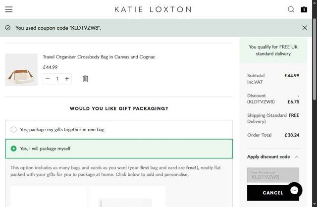 Katie Loxton checkout page showing Katie Loxton discount code box | Screenshot taken by SimplyCodes community member on Aug 27, 2025