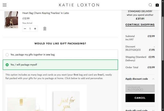Katie Loxton checkout page showing Katie Loxton discount code box | Screenshot taken by SimplyCodes community member on Aug 30, 2025