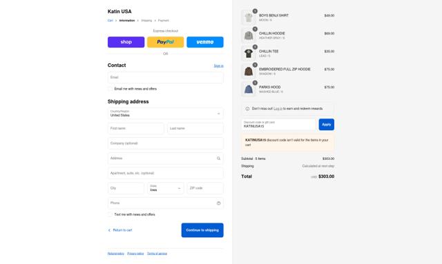 Katin checkout page showing Katin discount code box | Screenshot taken by SimplyCodes community member on Sep 12, 2025