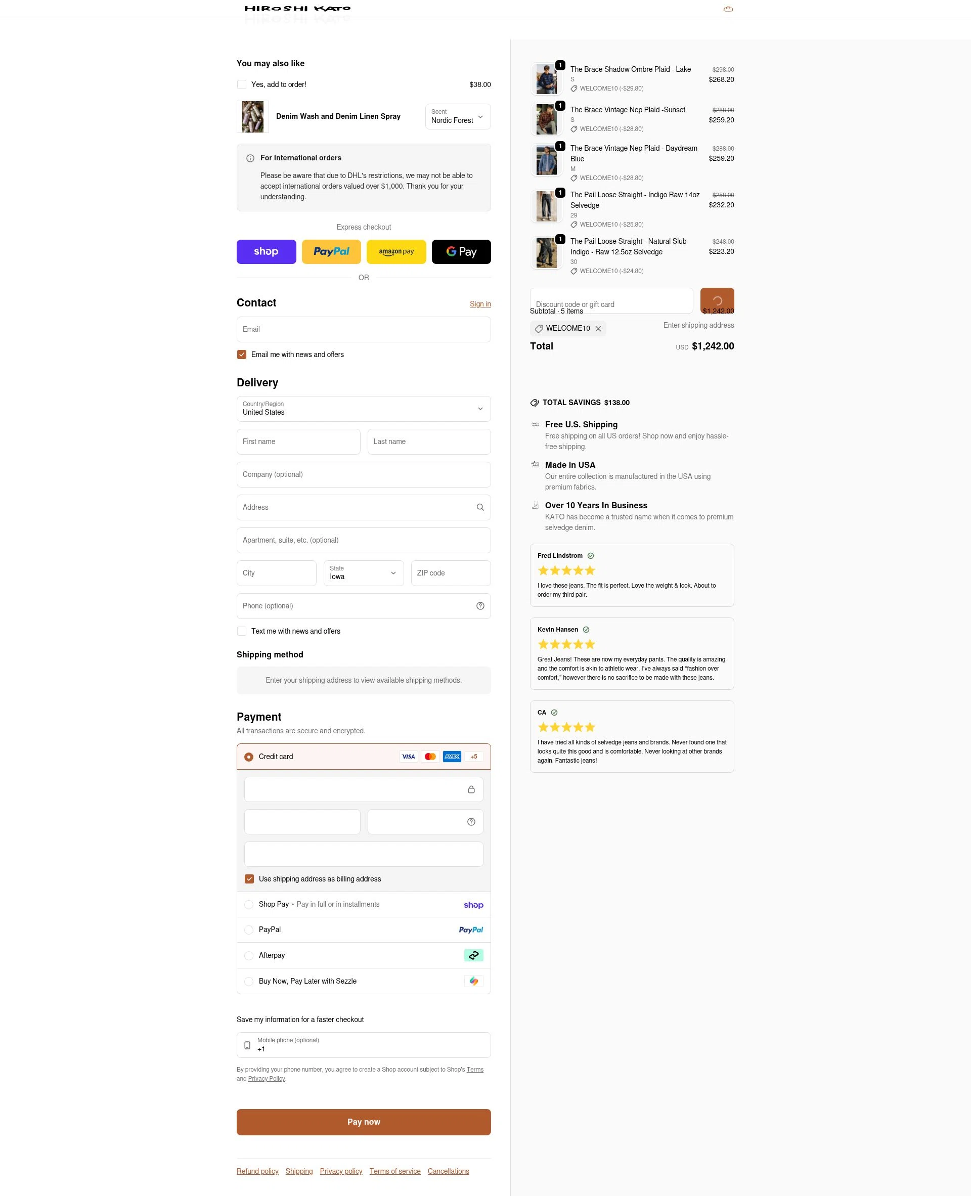 HIROSHI KATO checkout page showing HIROSHI KATO discount code box | Screenshot taken by SimplyCodes community member on Feb 15, 2026