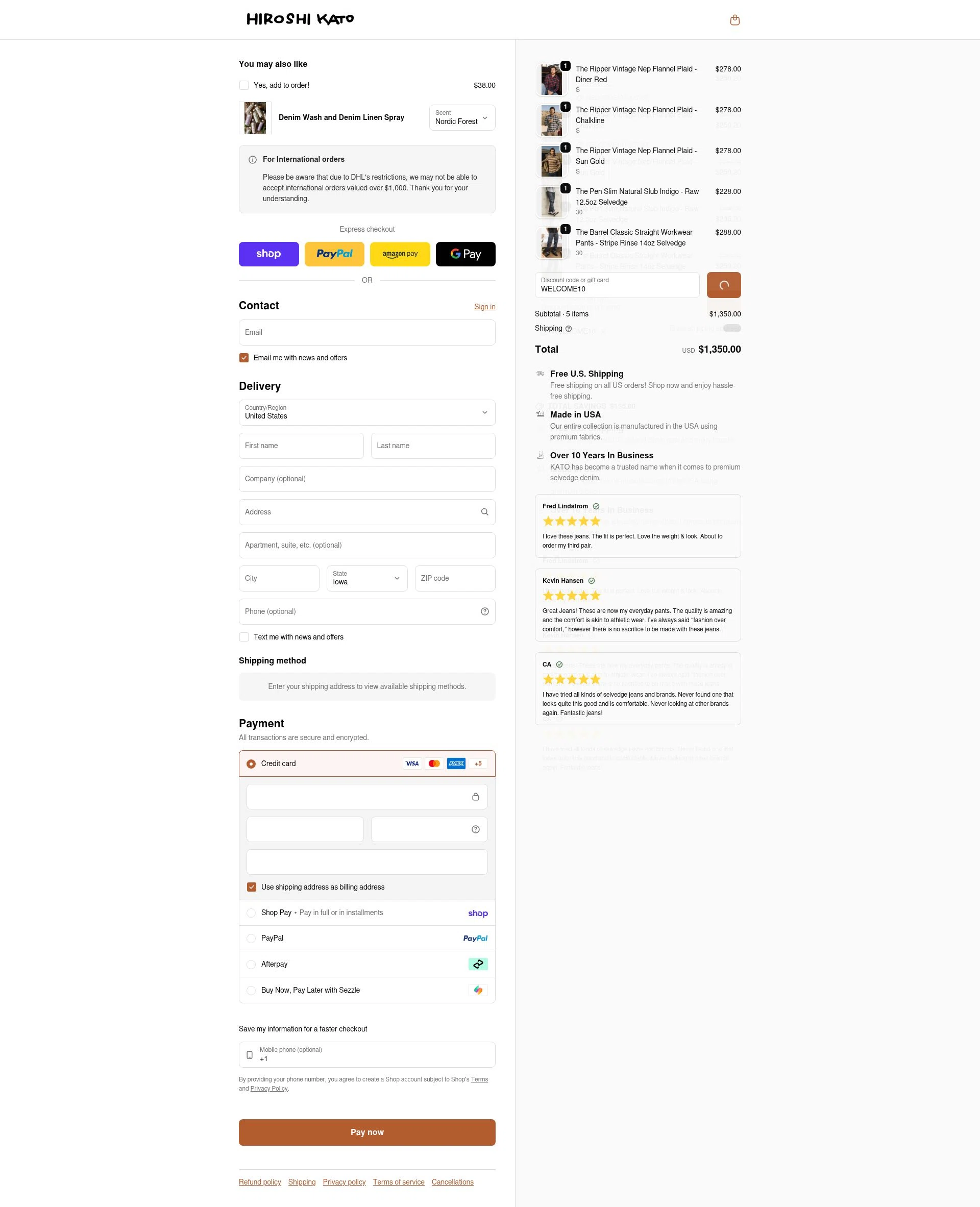 HIROSHI KATO checkout page showing HIROSHI KATO discount code box | Screenshot taken by SimplyCodes community member on Feb 20, 2026
