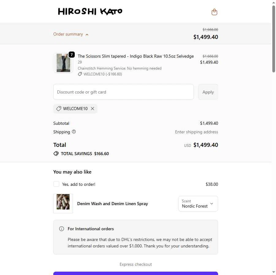 HIROSHI KATO checkout page showing HIROSHI KATO discount code box | Screenshot taken by SimplyCodes community member on Feb 20, 2026