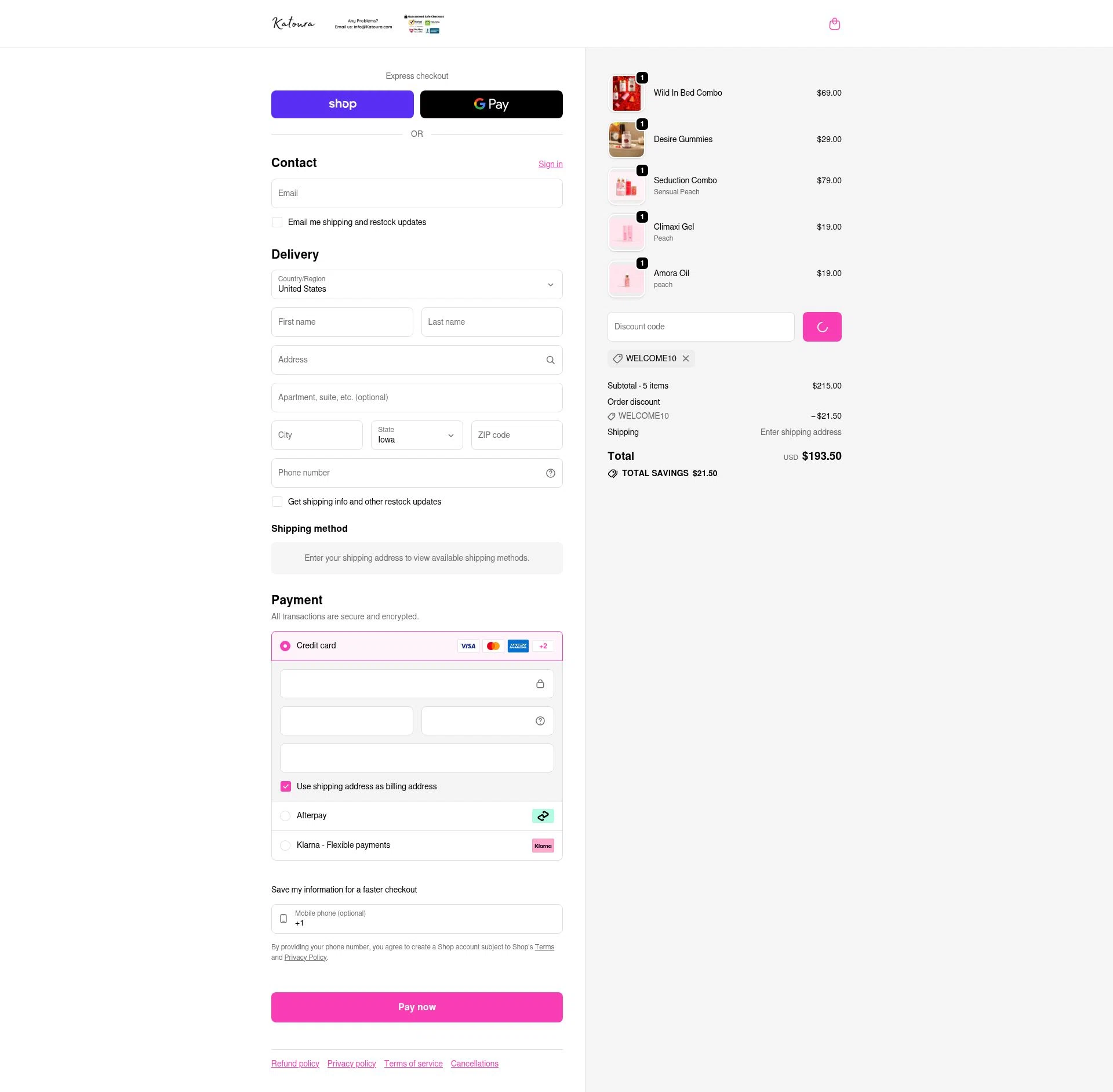 Katoura checkout page showing Katoura discount code box | Screenshot taken by SimplyCodes community member on Feb 5, 2026