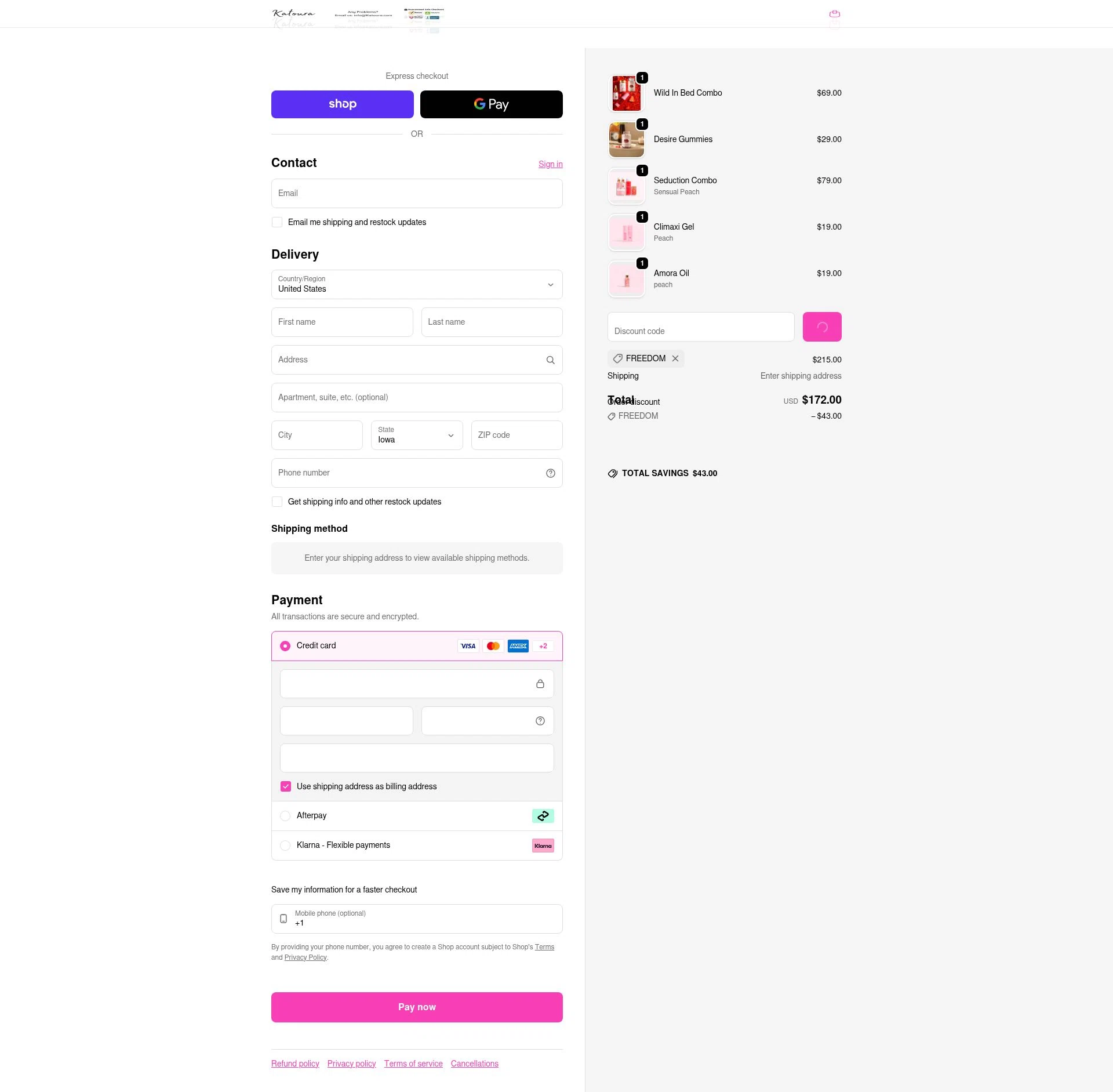 Katoura checkout page showing Katoura discount code box | Screenshot taken by SimplyCodes community member on Feb 5, 2026