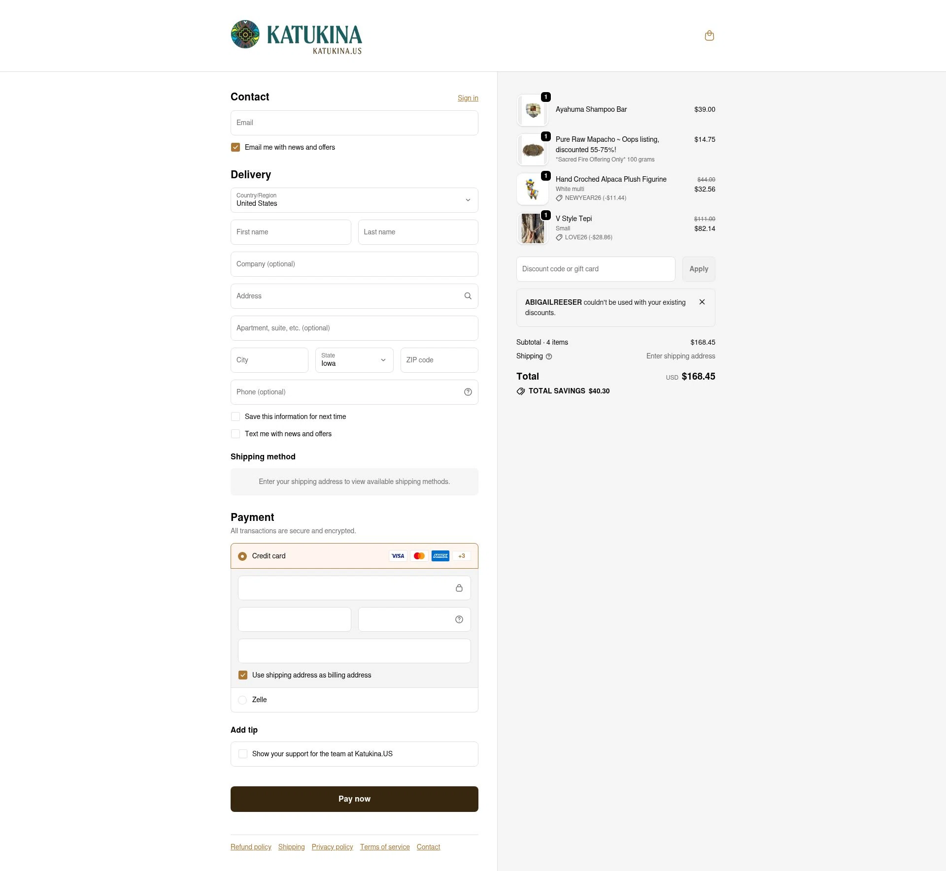 Katukina.us checkout page showing Katukina.us promo code box | Screenshot taken by SimplyCodes community member on Feb 13, 2026