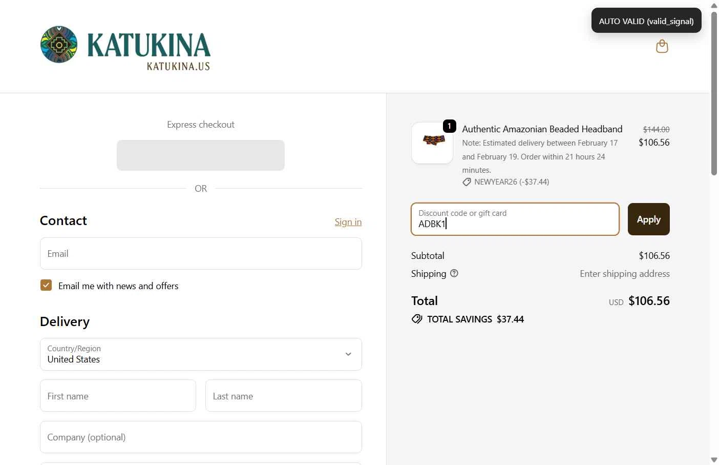 Katukina.us checkout page showing Katukina.us promo code box | Screenshot taken by SimplyCodes community member on Feb 13, 2026