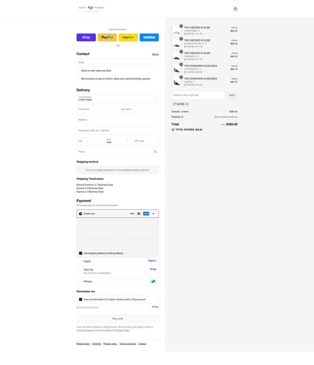 Katy Perry Collections checkout page showing Katy Perry Collections promo code box | Screenshot taken by SimplyCodes community member on Sep 13, 2025