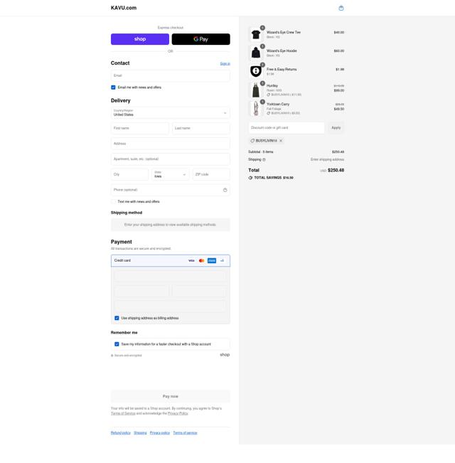 Kavu checkout page showing Kavu discount code box | Screenshot taken by SimplyCodes community member on Sep 12, 2025