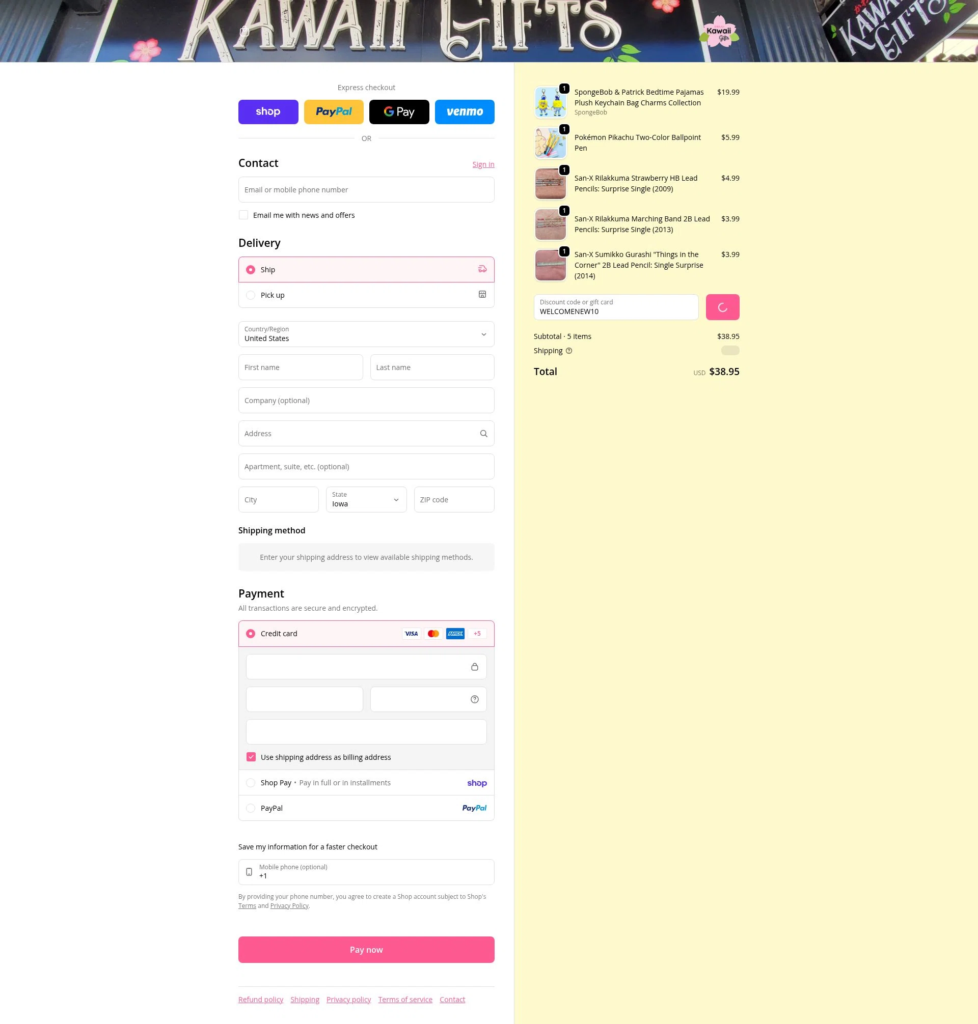 Kawaii Gifts checkout page showing Kawaii Gifts promo code box | Screenshot taken by SimplyCodes community member on Feb 1, 2026