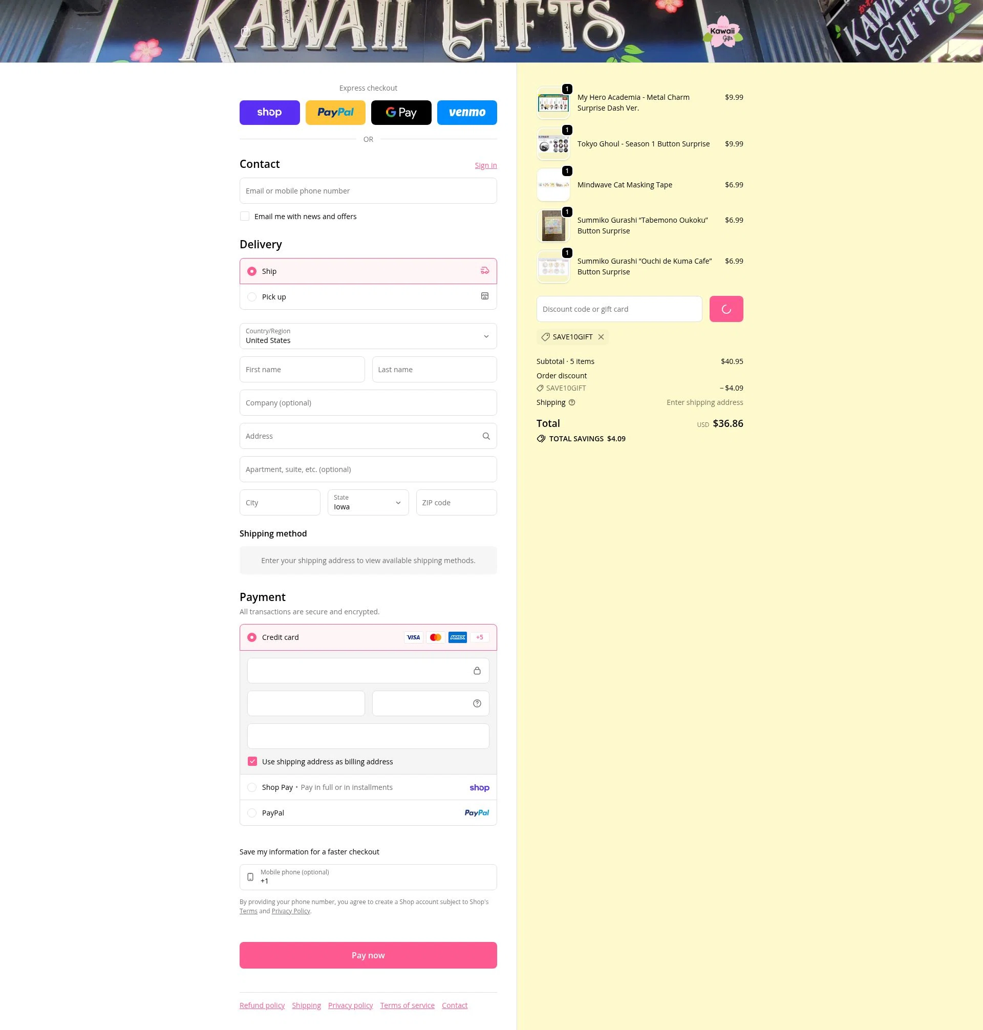 Kawaii Gifts checkout page showing Kawaii Gifts promo code box | Screenshot taken by SimplyCodes community member on Feb 5, 2026