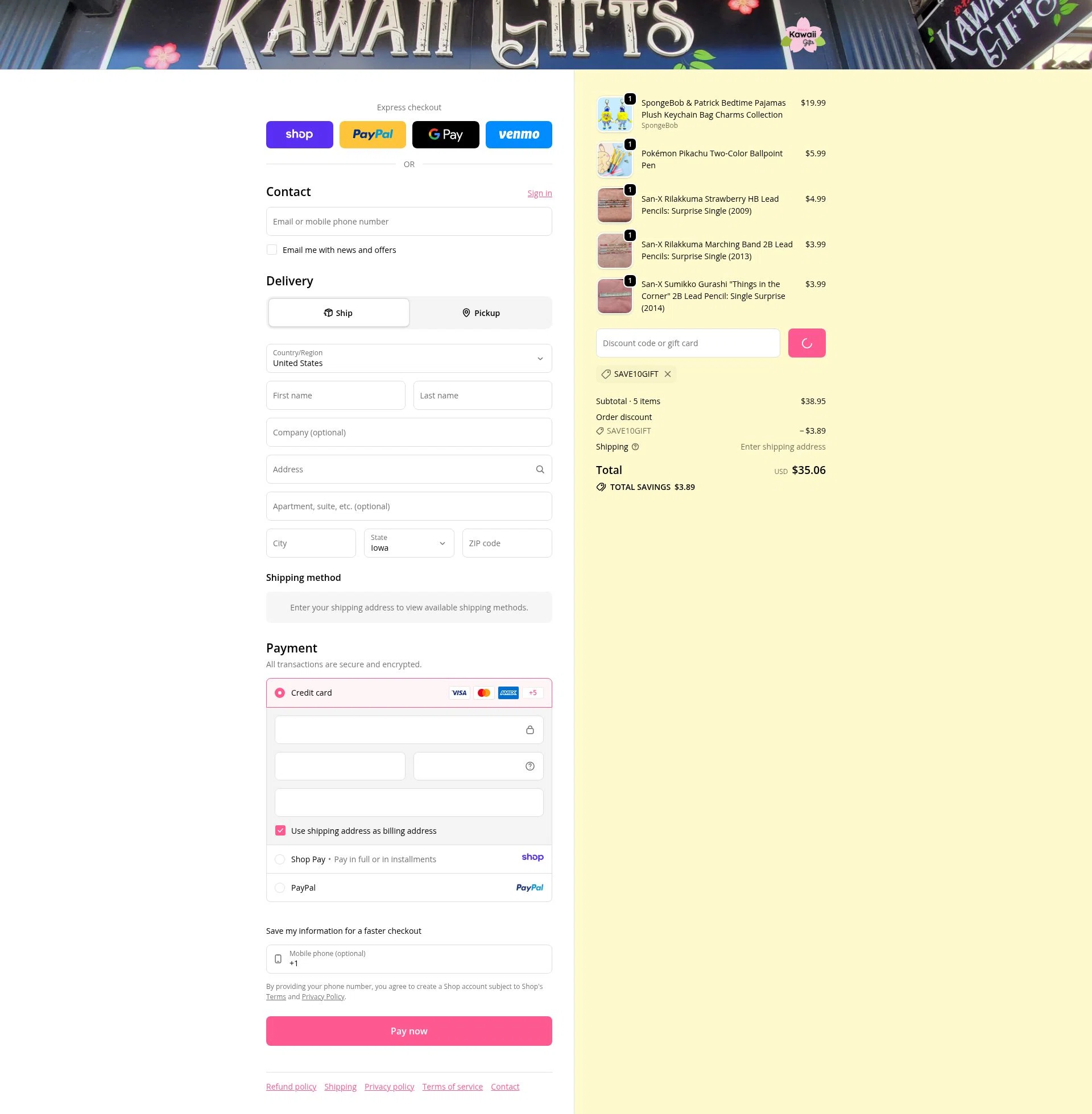 Kawaii Gifts checkout page showing Kawaii Gifts promo code box | Screenshot taken by SimplyCodes community member on Jan 18, 2026