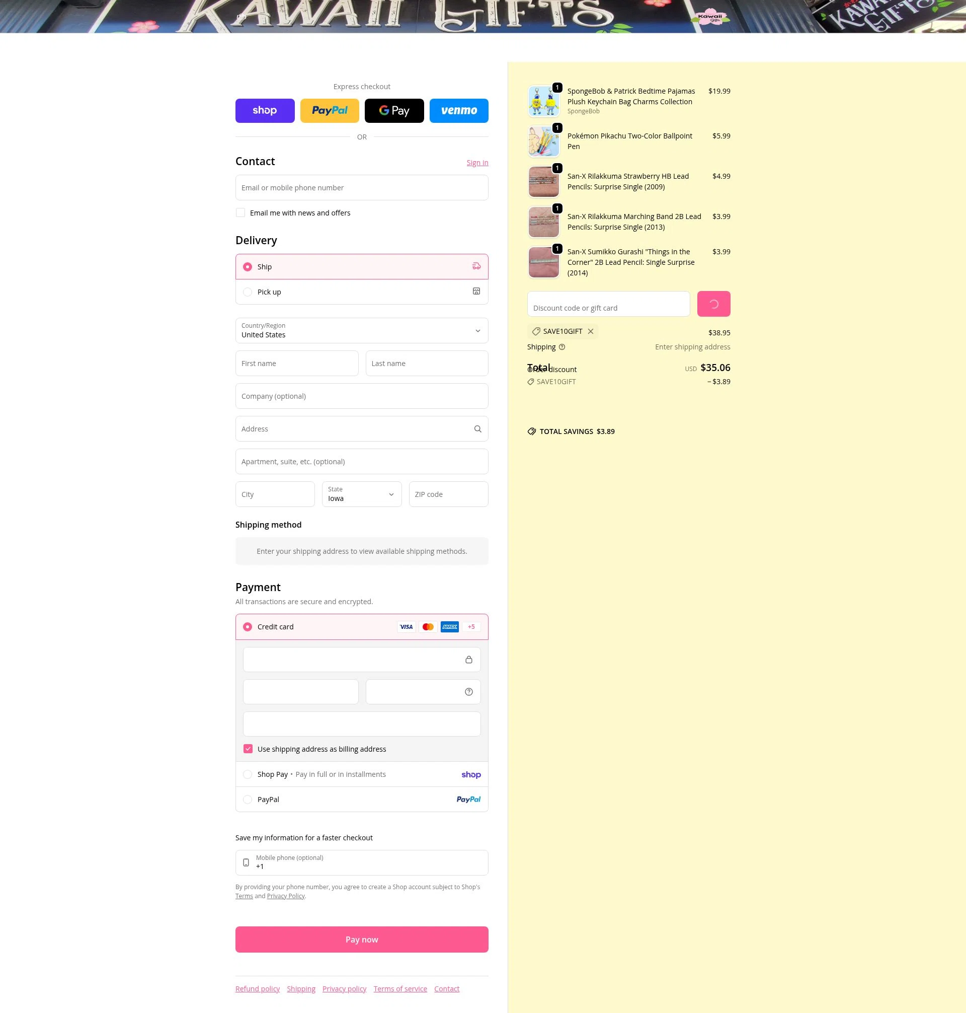 Kawaii Gifts checkout page showing Kawaii Gifts promo code box | Screenshot taken by SimplyCodes community member on Feb 1, 2026