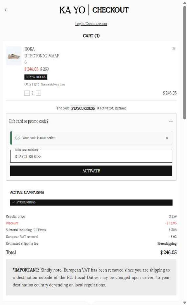KA-YO checkout page showing KA-YO promo code box | Screenshot taken by SimplyCodes community member on Sep 8, 2025