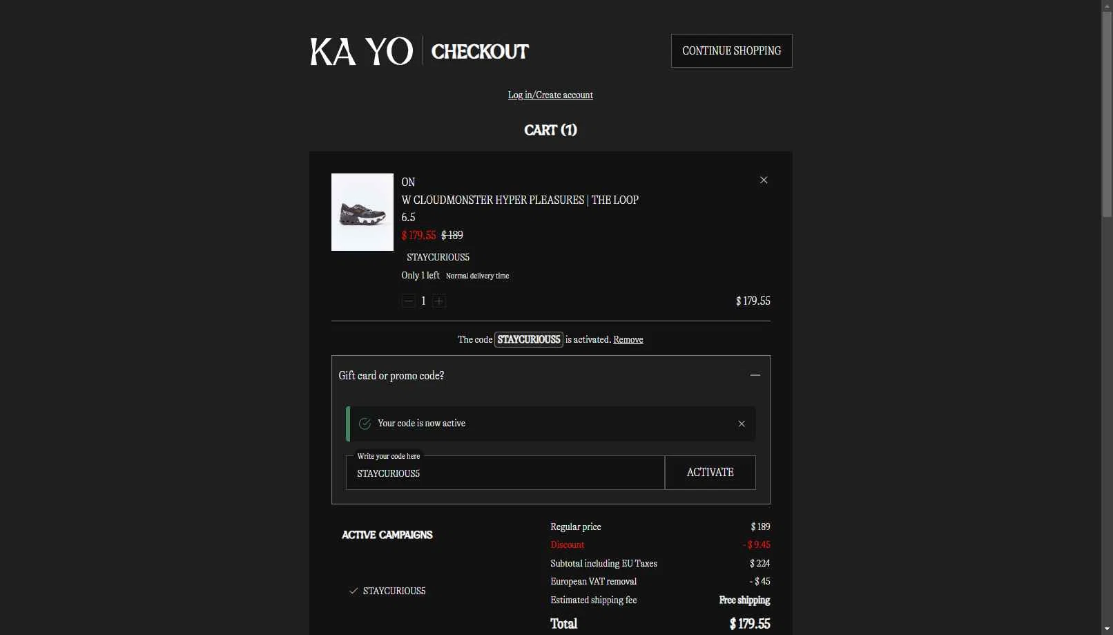 KA-YO checkout page showing KA-YO promo code box | Screenshot taken by SimplyCodes community member on May 9, 2025
