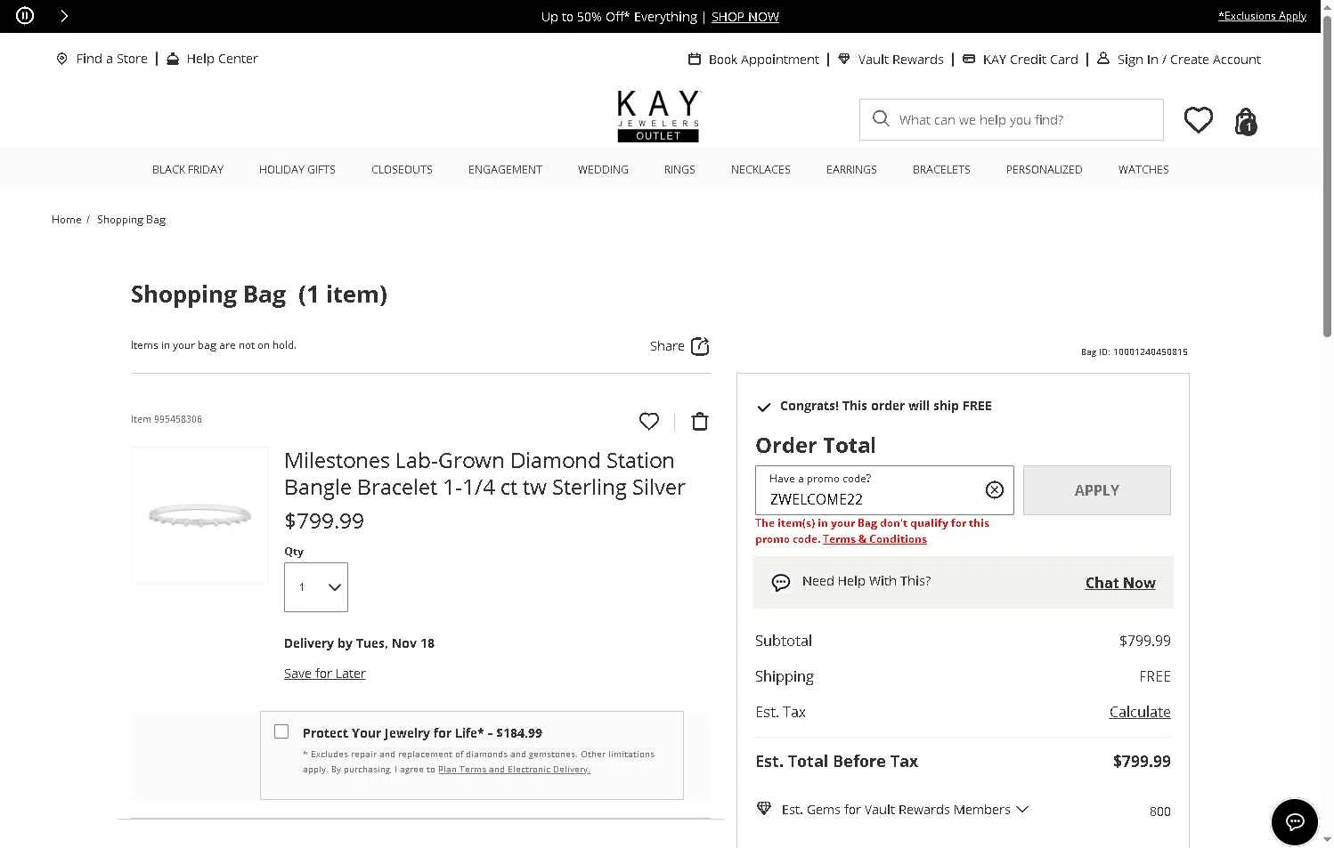KayOutlet checkout page showing KayOutlet promo code box | Screenshot taken by SimplyCodes community member on Nov 13, 2025