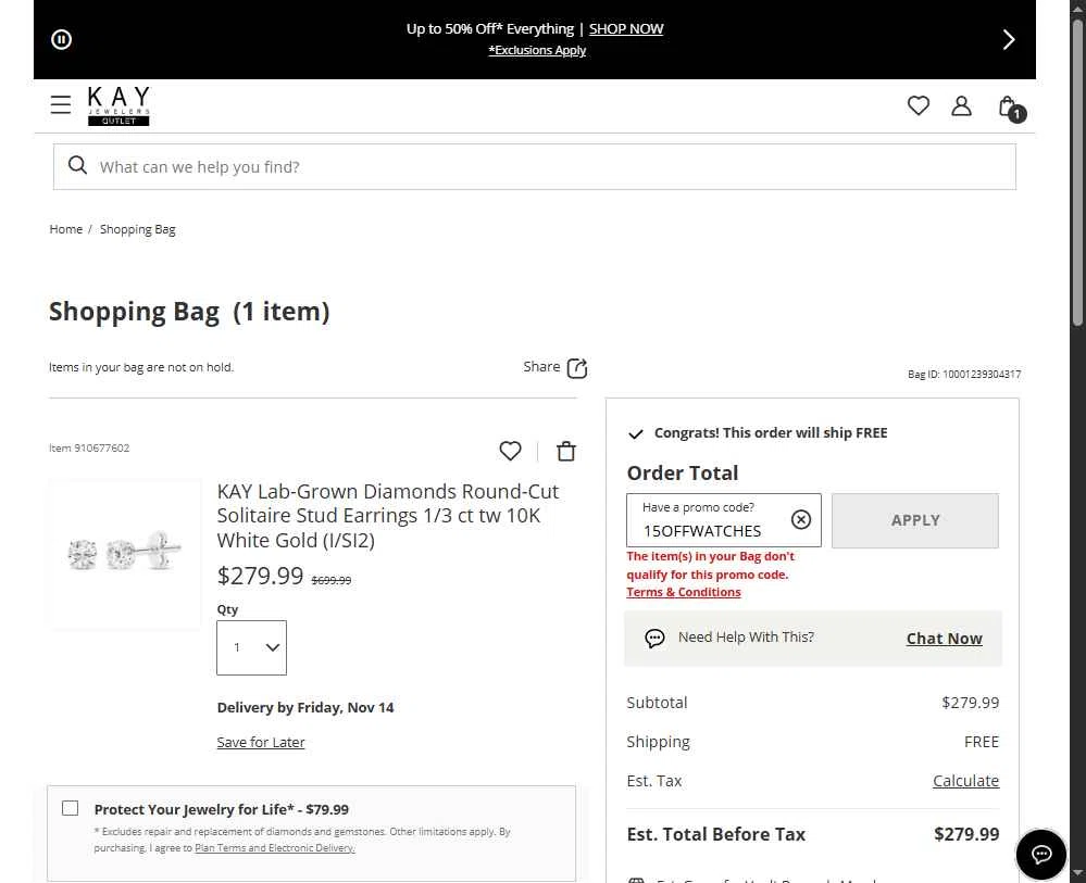 KayOutlet checkout page showing KayOutlet promo code box | Screenshot taken by SimplyCodes community member on Nov 12, 2025