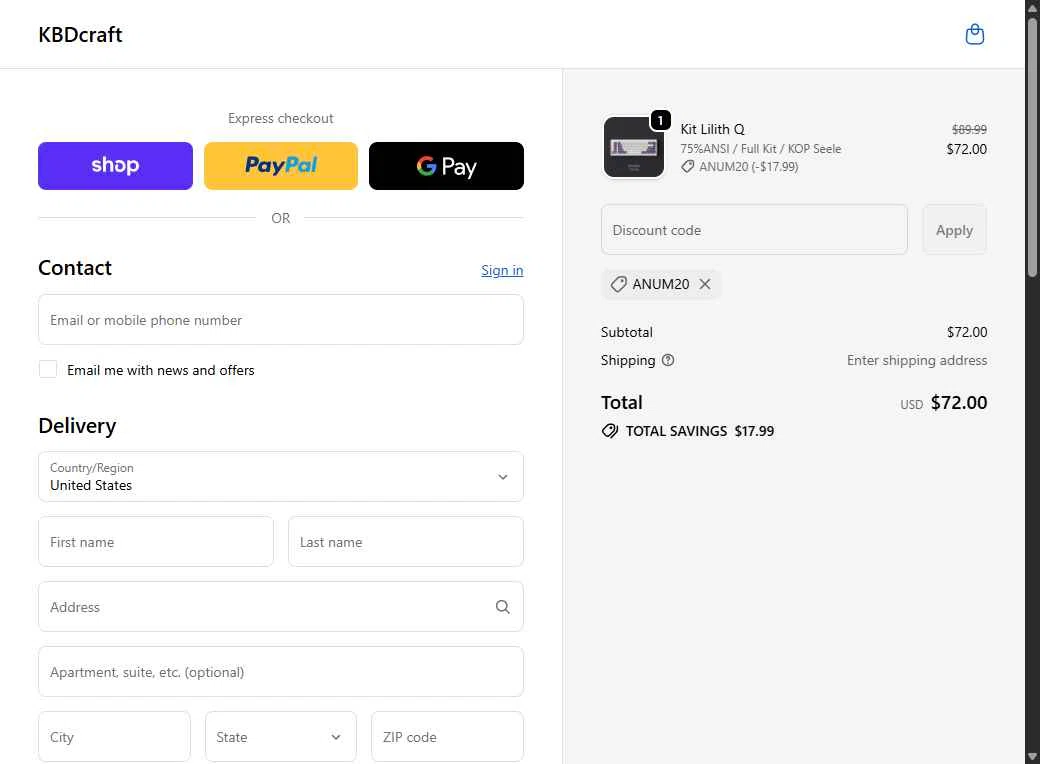 KBDcraft checkout page showing KBDcraft discount code box | Screenshot taken by SimplyCodes community member on Oct 11, 2025