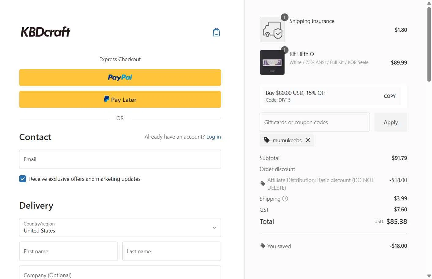 KBDcraft checkout page showing KBDcraft discount code box | Screenshot taken by SimplyCodes community member on Sep 28, 2025