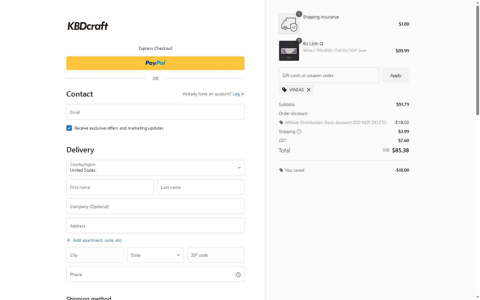KBDcraft checkout page showing KBDcraft discount code box | Screenshot taken by SimplyCodes community member on Sep 13, 2025