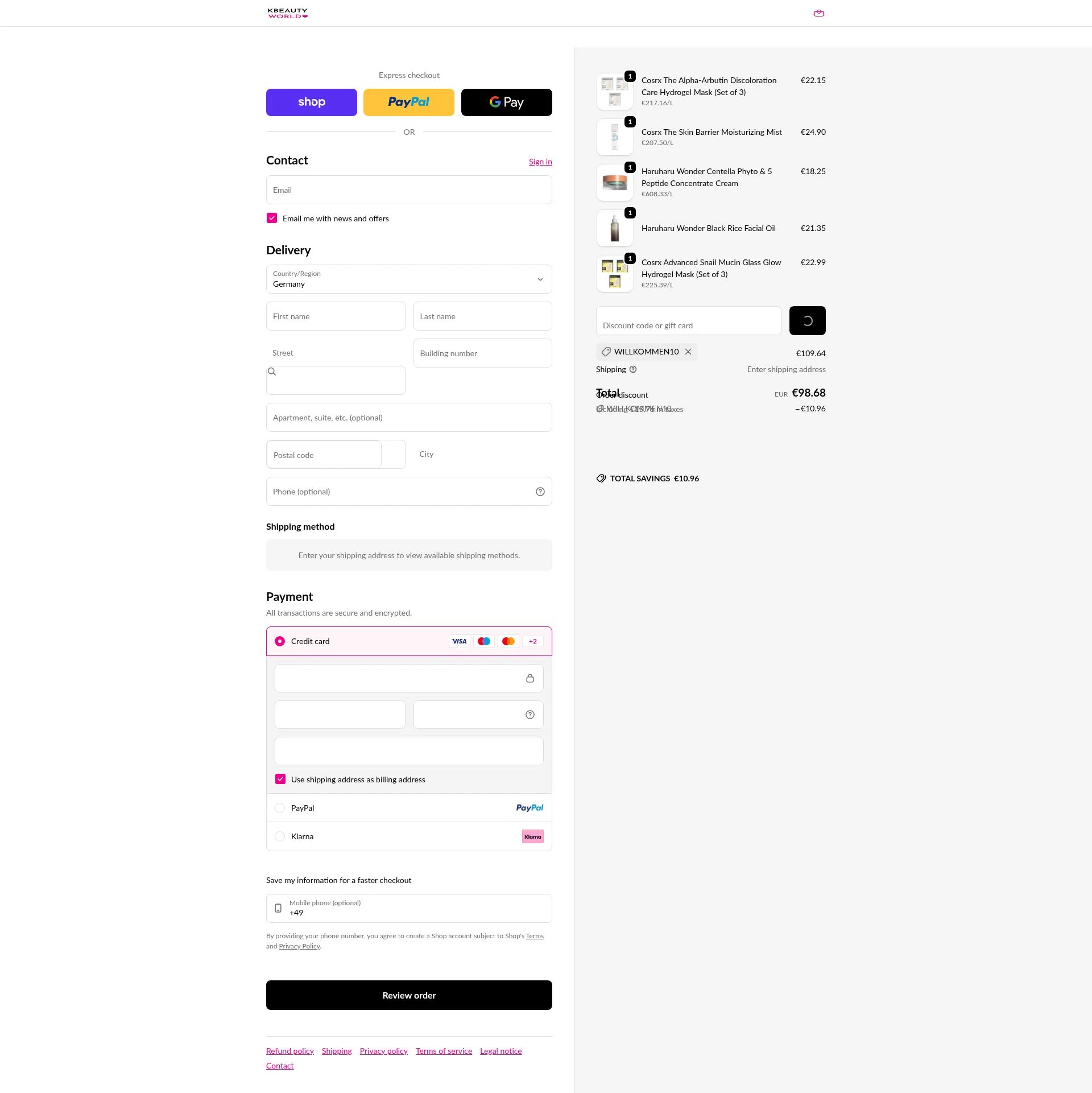K Beauty World checkout page showing K Beauty World promo code box | Screenshot taken by SimplyCodes community member on Feb 22, 2026