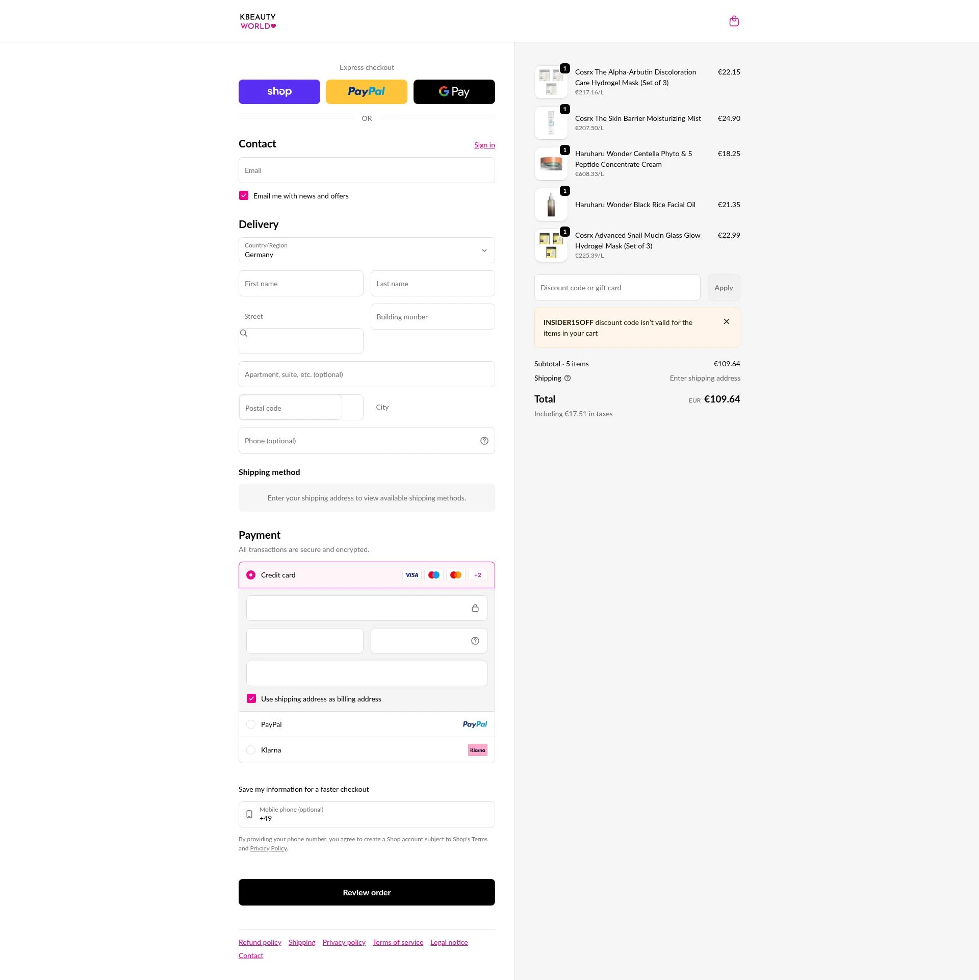 K Beauty World checkout page showing K Beauty World promo code box | Screenshot taken by SimplyCodes community member on Feb 21, 2026