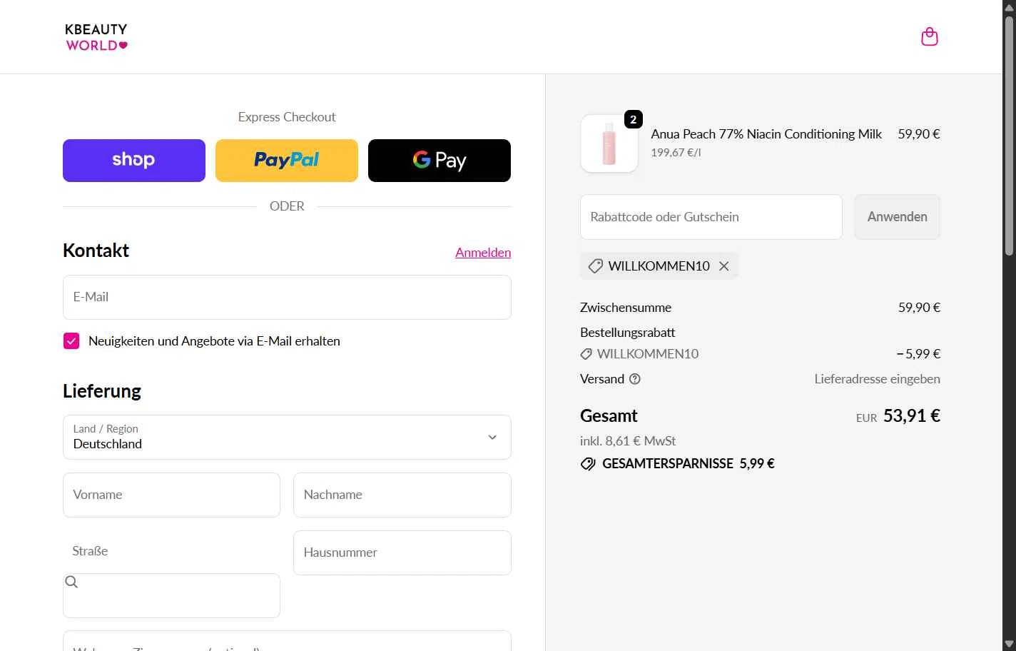 K Beauty World checkout page showing K Beauty World promo code box | Screenshot taken by SimplyCodes community member on Feb 20, 2026