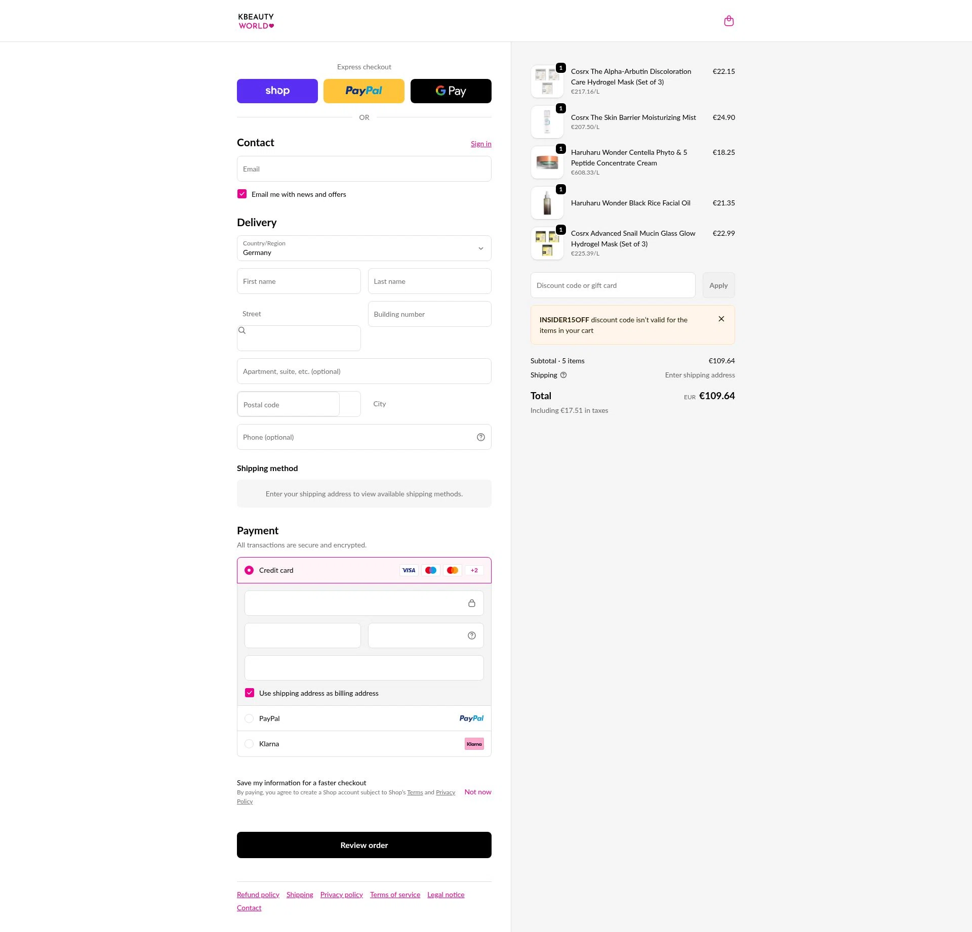 K Beauty World checkout page showing K Beauty World promo code box | Screenshot taken by SimplyCodes community member on Feb 16, 2026
