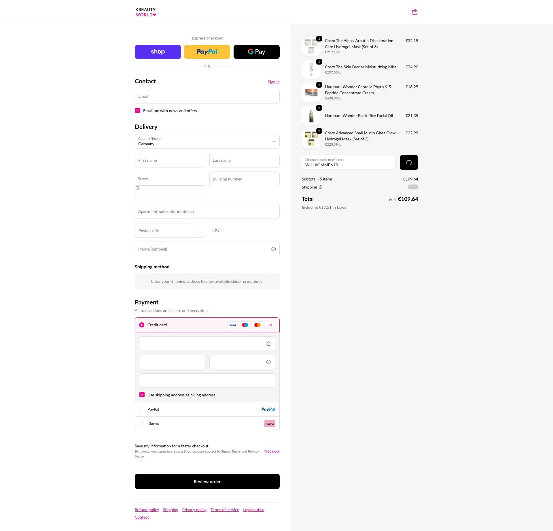 K Beauty World checkout page showing K Beauty World promo code box | Screenshot taken by SimplyCodes community member on Feb 16, 2026