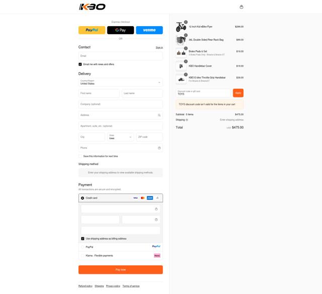 KBO Bike checkout page showing KBO Bike discount code box | Screenshot taken by SimplyCodes community member on Sep 14, 2025
