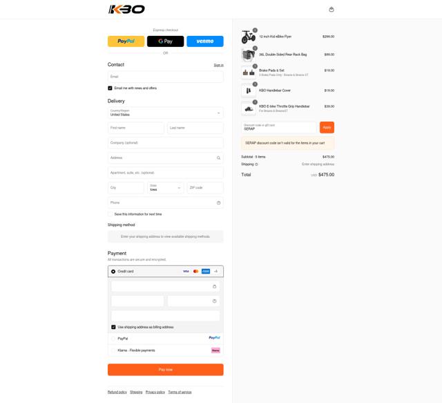 KBO Bike checkout page showing KBO Bike discount code box | Screenshot taken by SimplyCodes community member on Sep 14, 2025