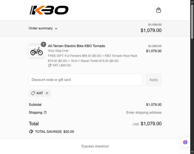 KBO Bike checkout page showing KBO Bike discount code box | Screenshot taken by SimplyCodes community member on Sep 14, 2025