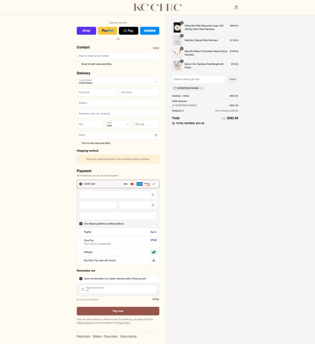 KC Chic Designs checkout page showing KC Chic Designs promo code box | Screenshot taken by SimplyCodes community member on Sep 4, 2025