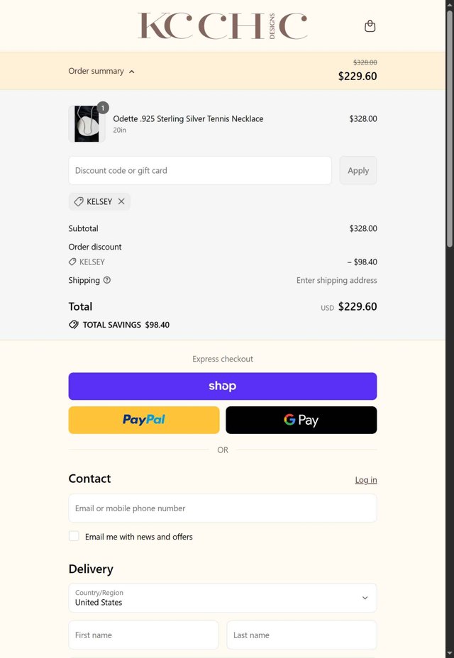 KC Chic Designs checkout page showing KC Chic Designs promo code box | Screenshot taken by SimplyCodes community member on Sep 4, 2025