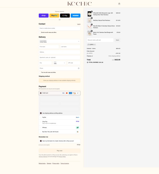 KC Chic Designs checkout page showing KC Chic Designs promo code box | Screenshot taken by SimplyCodes community member on Sep 4, 2025
