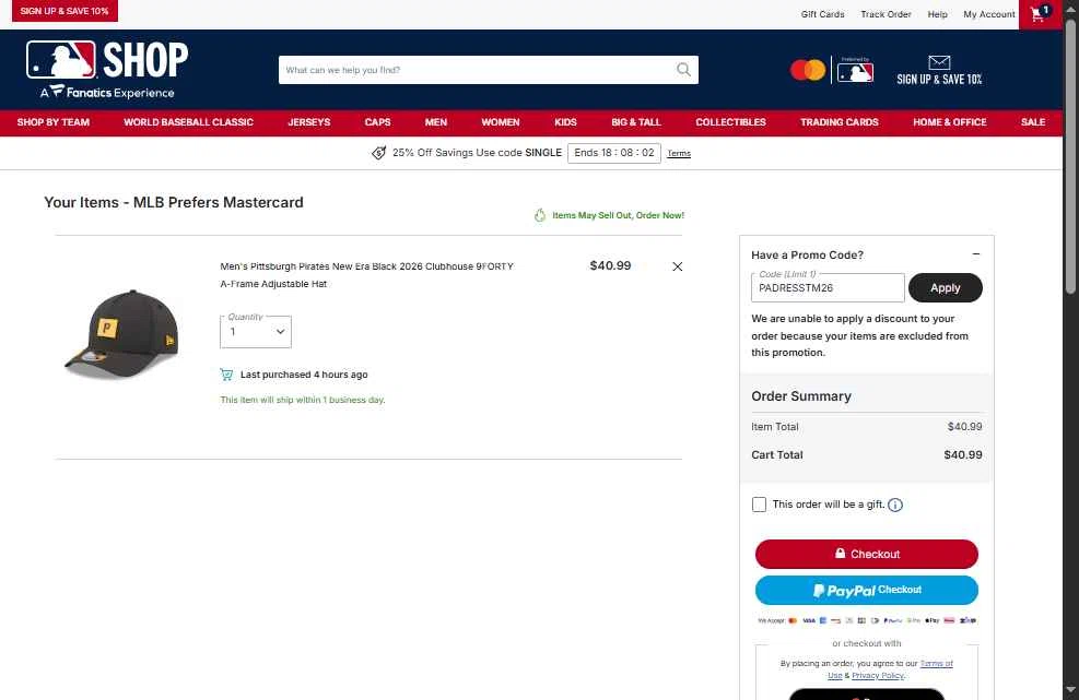 Kansas City Royals checkout page showing Kansas City Royals coupon code box | Screenshot taken by SimplyCodes community member on Feb 24, 2026