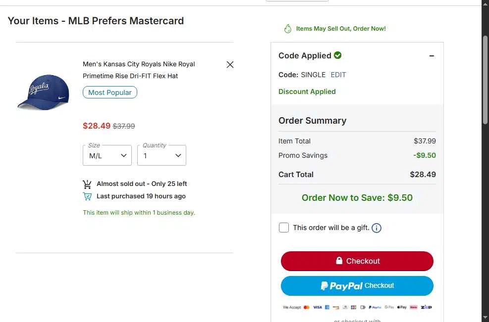 Kansas City Royals checkout page showing Kansas City Royals coupon code box | Screenshot taken by SimplyCodes community member on Feb 10, 2026