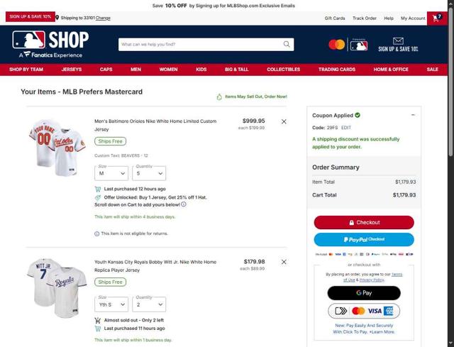 Kansas City Royals checkout page showing Kansas City Royals coupon code box | Screenshot taken by SimplyCodes community member on Oct 1, 2025