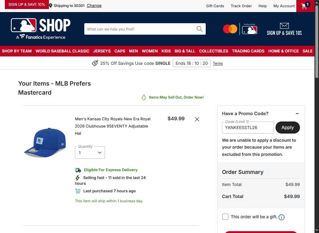 Kansas City Royals checkout page showing Kansas City Royals coupon code box | Screenshot taken by SimplyCodes community member on Feb 24, 2026