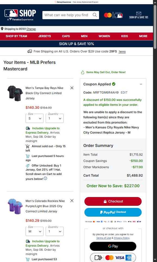 Kansas City Royals checkout page showing Kansas City Royals coupon code box | Screenshot taken by SimplyCodes community member on Sep 3, 2025