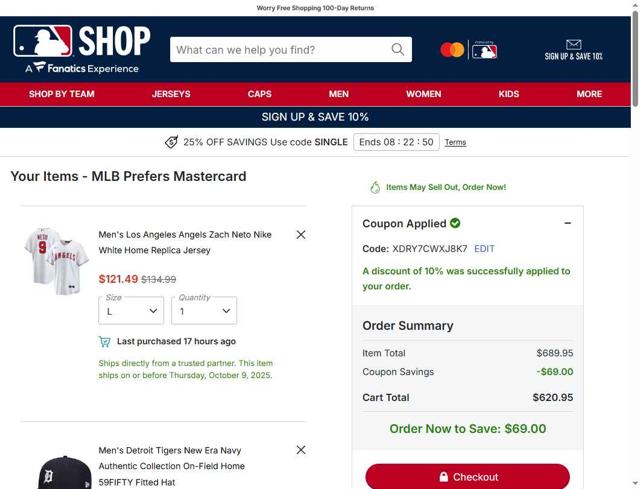 Kansas City Royals checkout page showing Kansas City Royals coupon code box | Screenshot taken by SimplyCodes community member on Sep 10, 2025