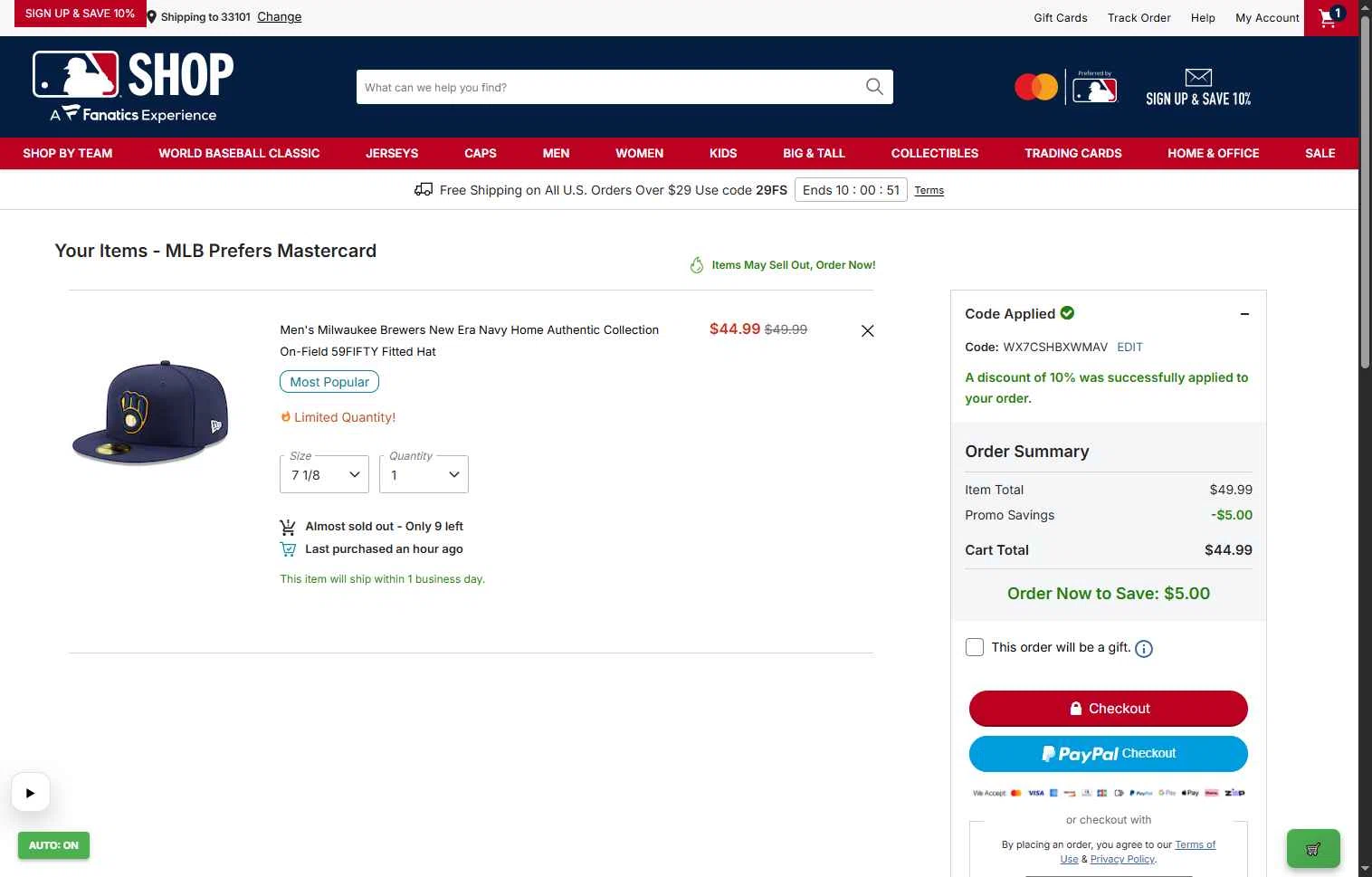 Kansas City Royals checkout page showing Kansas City Royals coupon code box | Screenshot taken by SimplyCodes community member on Feb 9, 2026