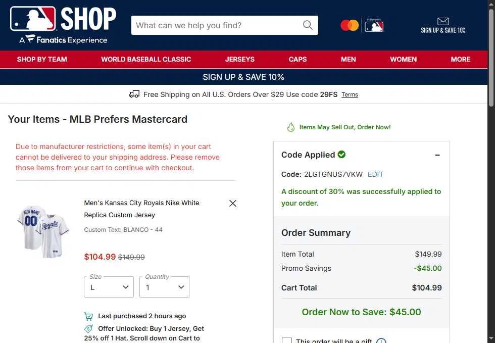 Kansas City Royals checkout page showing Kansas City Royals coupon code box | Screenshot taken by SimplyCodes community member on Feb 2, 2026