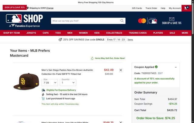 Kansas City Royals checkout page showing Kansas City Royals coupon code box | Screenshot taken by SimplyCodes community member on Sep 29, 2025
