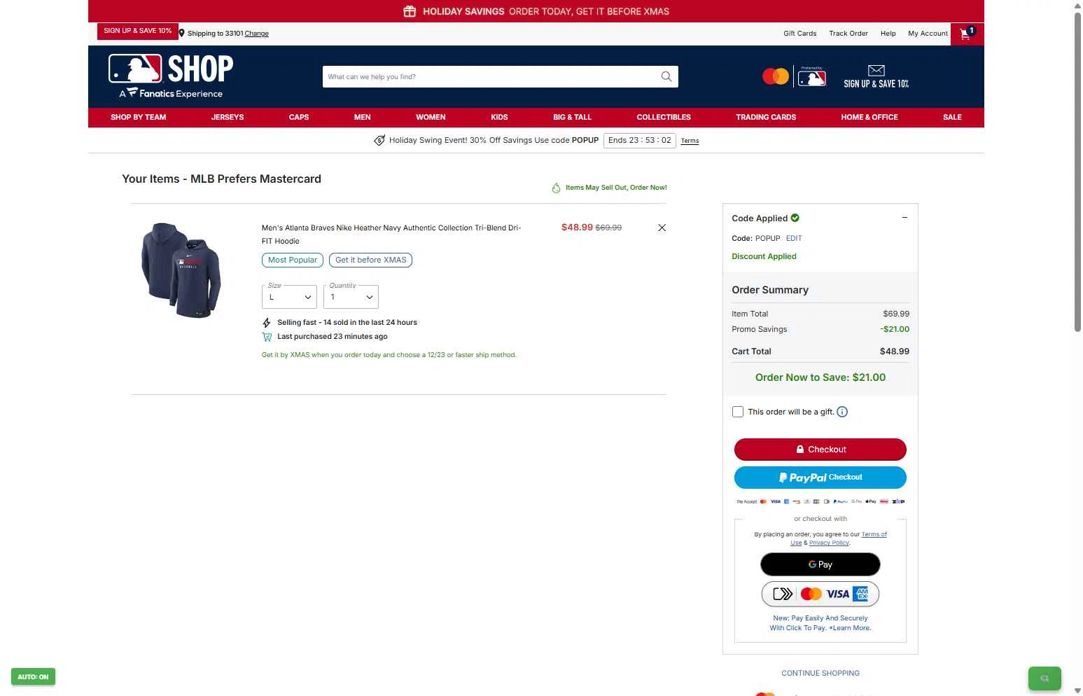 Kansas City Royals checkout page showing Kansas City Royals coupon code box | Screenshot taken by SimplyCodes community member on Dec 18, 2025